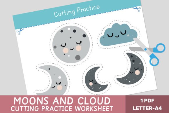 Cutting Practice for Kids - Moons, Cloud and Watch